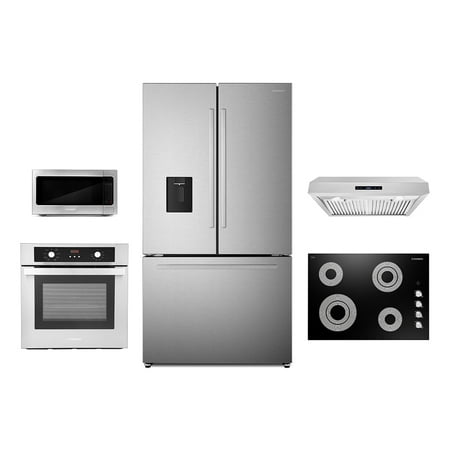 5 Piece Kitchen Package With 36  Electric Cooktop 30  Under Cabinet Range Hood 24  Single Electric Wall Oven 24.4  Built-In Microwave & French Door Refrigerator