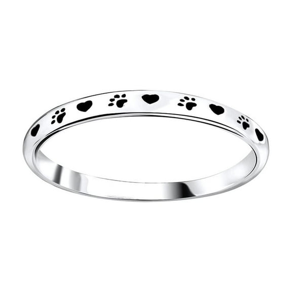 925 Sterling Silver Cute Dog Love Heart Paw Print Stackable Band Ring Lovely Animal Jewelry