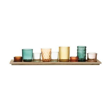 Creative Co-Op Round Glass Votive Holders on Wood Tray, Multicolor, Set of 10