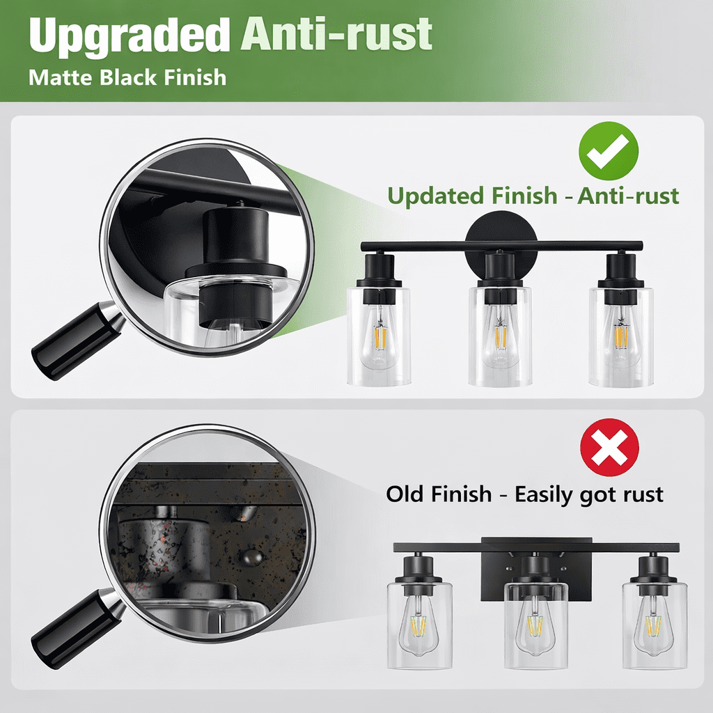 Behome 3-Light Bathroom Light Fixtures, 16.93" Black Modern Vanity Lights with Clear Glass Shade, Bathroom Wall Lamp for Mirror Kitchen Living Room Hallway Cabinet Porch, E26 Base, Bulbs Not Included