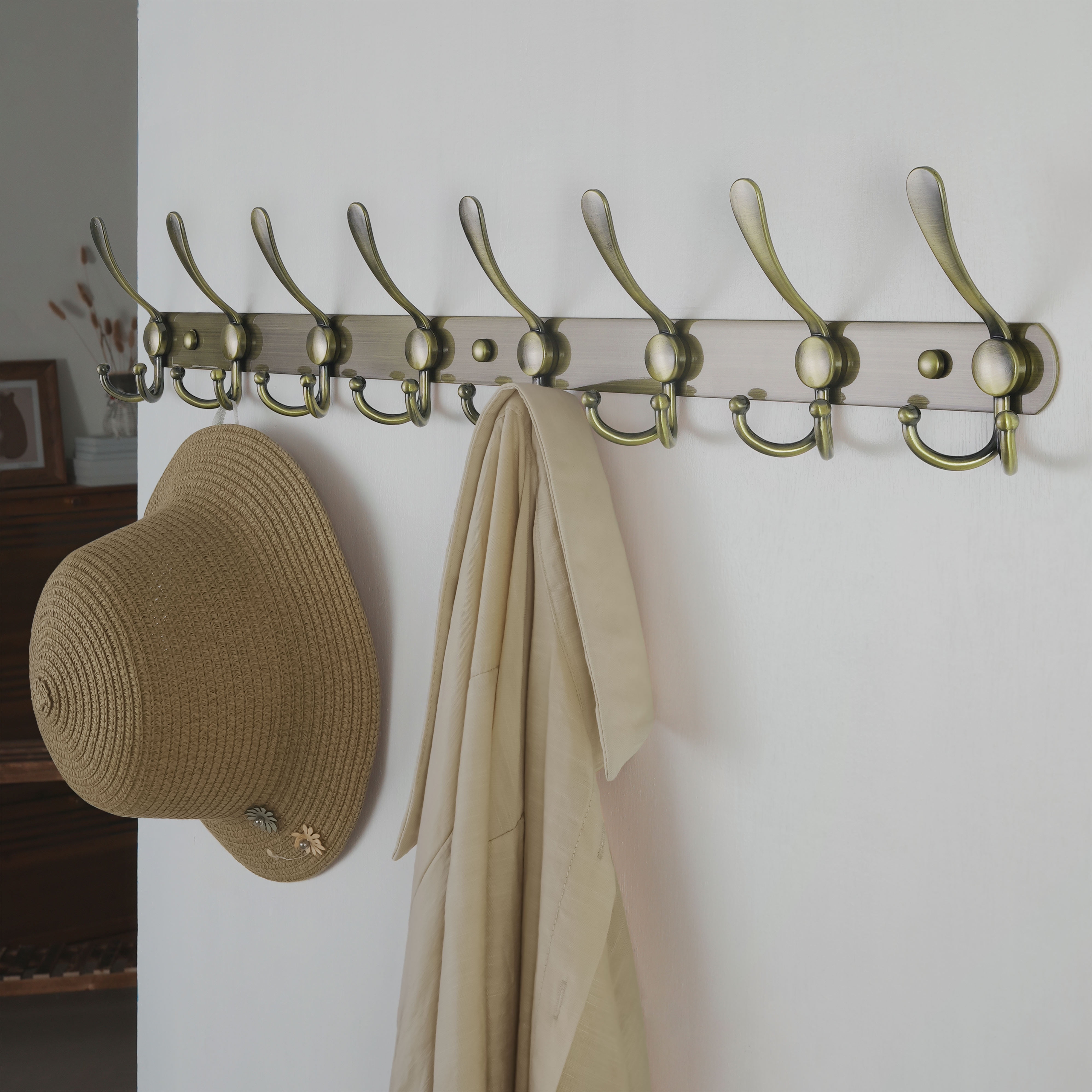 Dseap Wall Mounted Coat Rack - 10 Tri Hooks, 37-5/8 Long, 16Hole to Hole  - Heavy Duty Stainless Steel Coat Hook for Coat Hat Towel Robes Mudroom