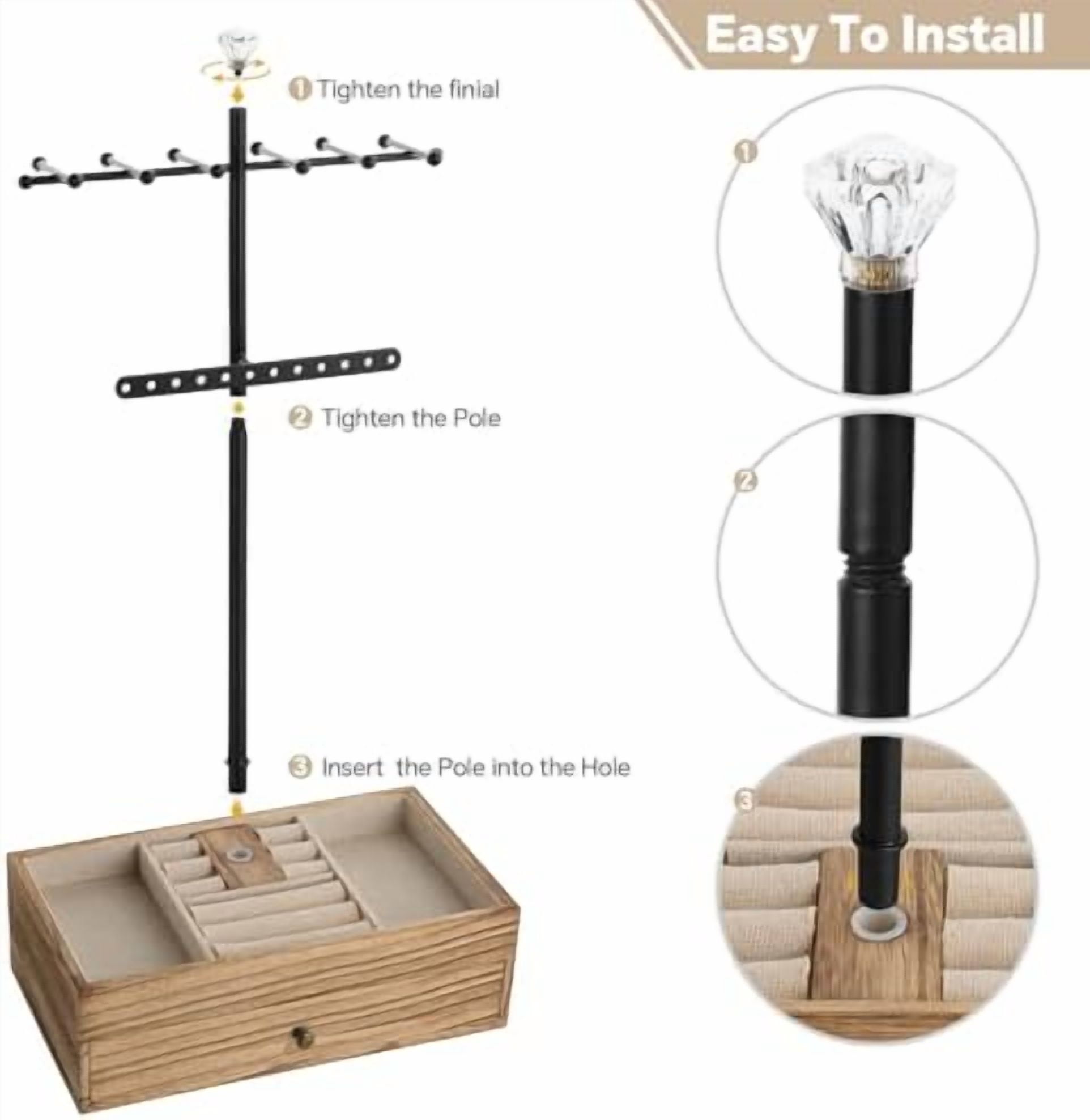 Jewelry Organizer Stand, 3-Tier Necklace Holder Jewelry Tree with Wooden Storage Drawer Box for Necklace Bracelet Earring Ring, Carbonized Black
