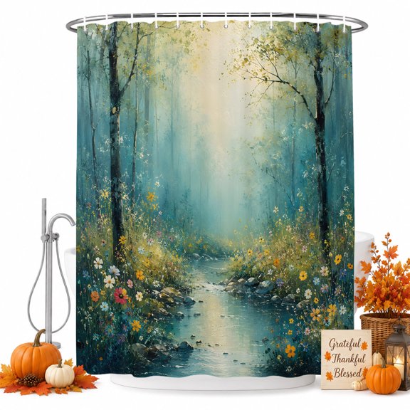 Teal Green Forest Shower Curtain Set - Long 72" x 84" Washable Bathtub Curtain with 12 Hooks, Modern Oil Painting Tree Wildflowers Waterproof Fabric Stall Shower Curtains for Bathroom/Bathtub Décor