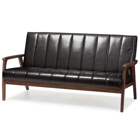 **DISCONTINUED** Baxton Studio Nikko Mid-century Modern Scandinavian Style Black Faux Leather Wooden 3-Seater