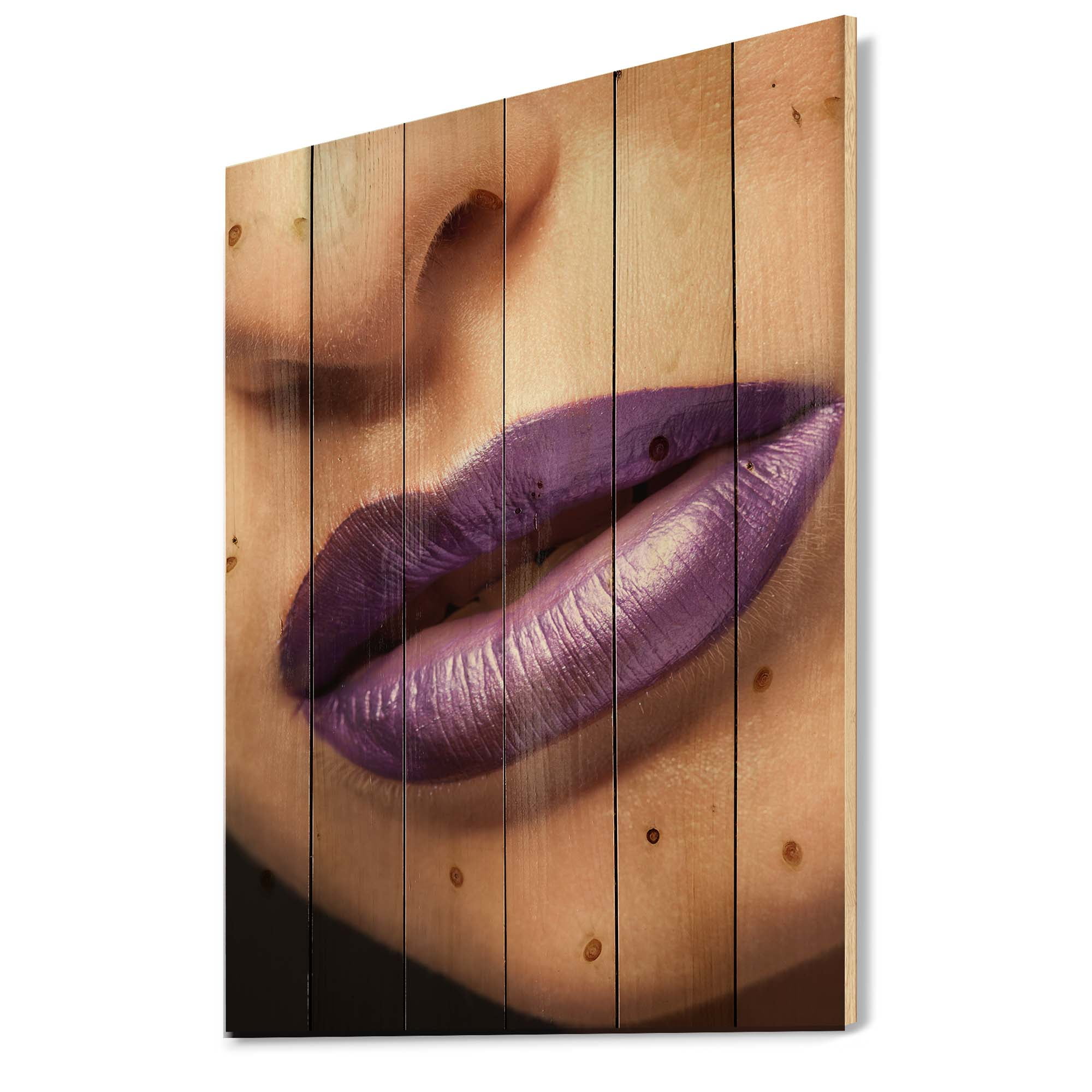 Designart 'Close Up View of Girl Lips With Purple Lipstick' Modern Print on Natural Pine Wood