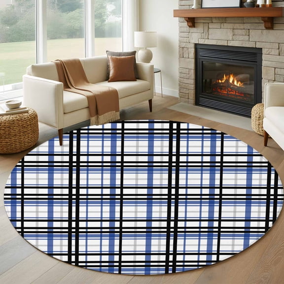Blue Black Plaid Round Area Rug 6 FT, Non Slip Bedroom Area Rug, Farmhouse Blue Black Checkered Washable Soft Circular Carpet Non-Shedding Floor Mat for Kitchen Dining Room Home Office Kids Room