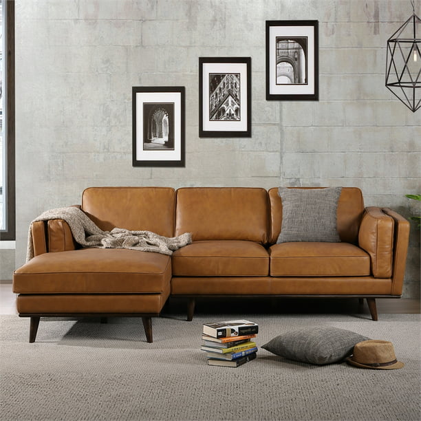 Allora Mid Century Modern Tan Genuine, Modern Leather And Fabric Sectional Sofa With Chaise