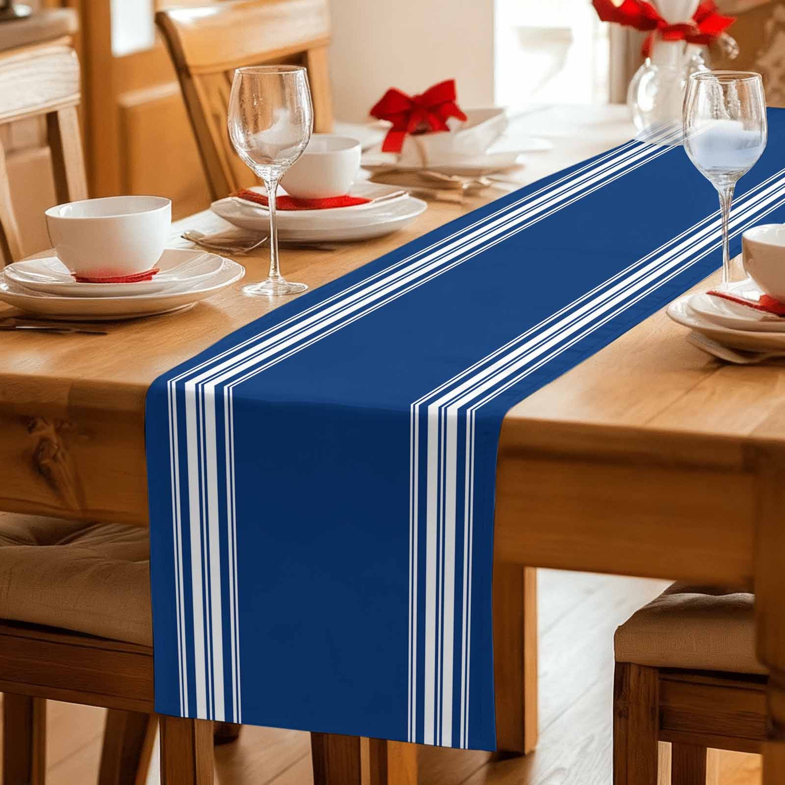 Blue Striped Table Runner, Farmhouse Blue White Stripes Washable Cotton Linen Table Runners 108 Inches Long, Dresser Scarf Runner for Dining/Living Room/Kitchen/Square Tables 13''x108''