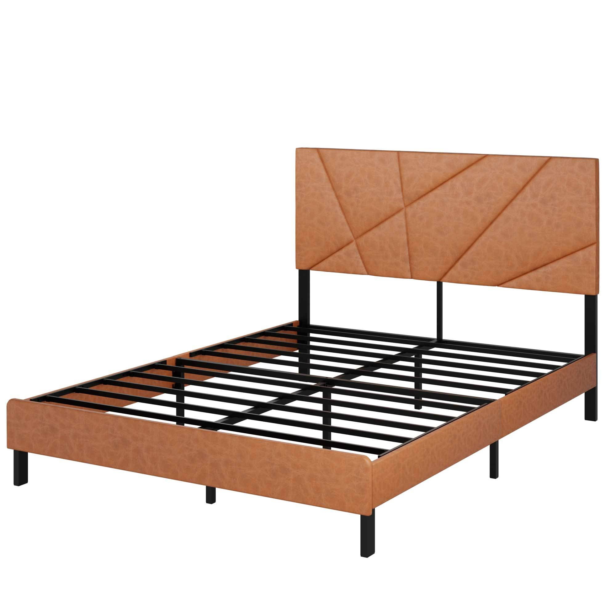 Full Size Bed Frame with Upholstered Headboard, Metal Support, No Box Spring Needed, Antique Brown