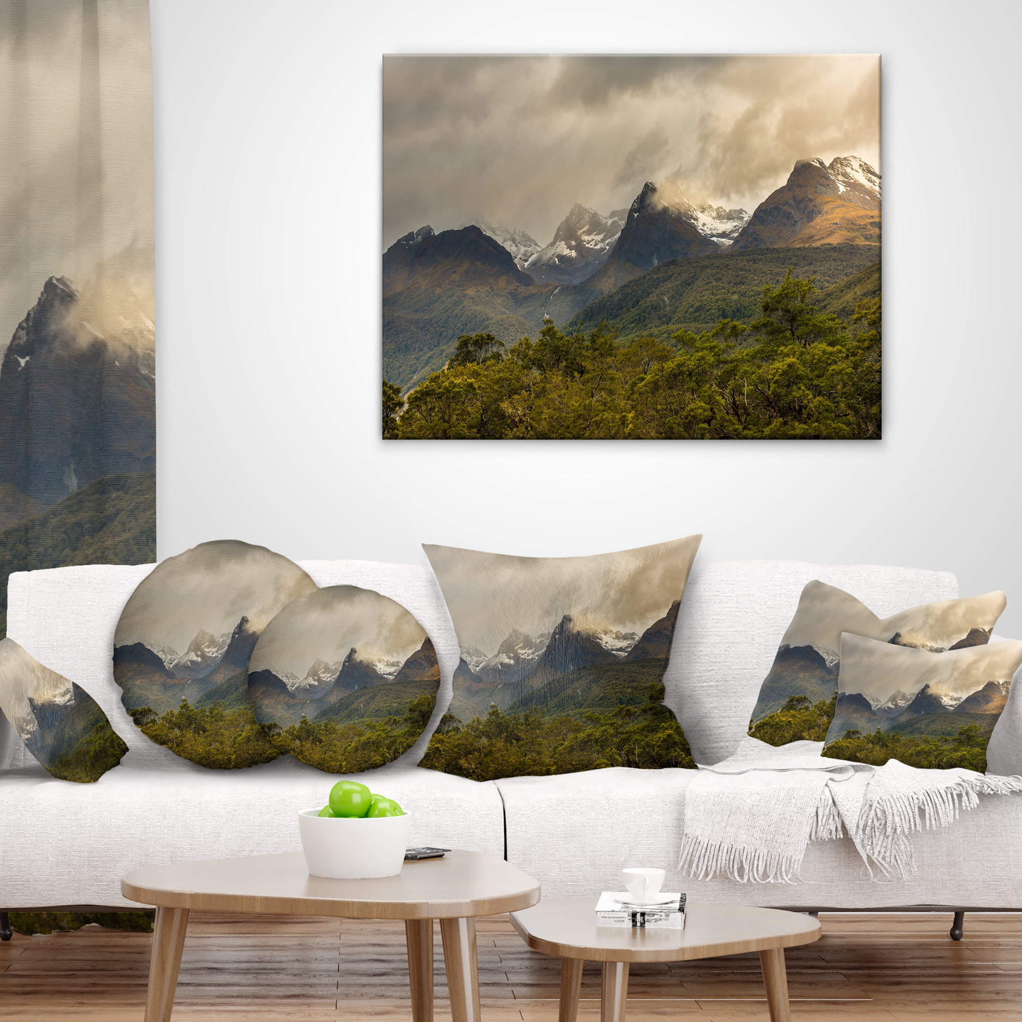 Designart Green Mountains under Stormy Clouds - Landscape Printed Throw Pillow - 16x16