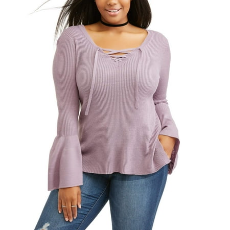 Junior Plus Lace Up Ribbed Bell Sleeve Sweater