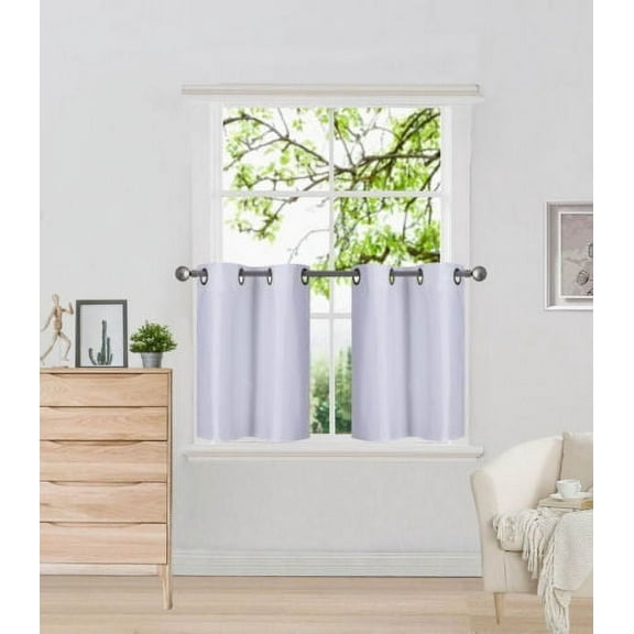 N29 White 2-Piece Solid Faux Silk Short  Window Curtain Set, Two (2) Grommets Panels 30" Wide x 24" Length Each