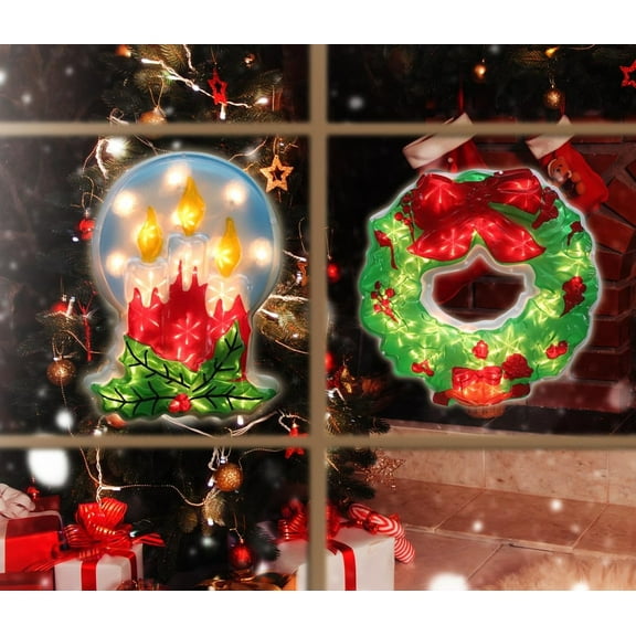 2-Pack Lighted Christmas Window Silhouette Decorations | Candle & Christmas Wreath Designs | Indoor Decor for Window, Glass Wall