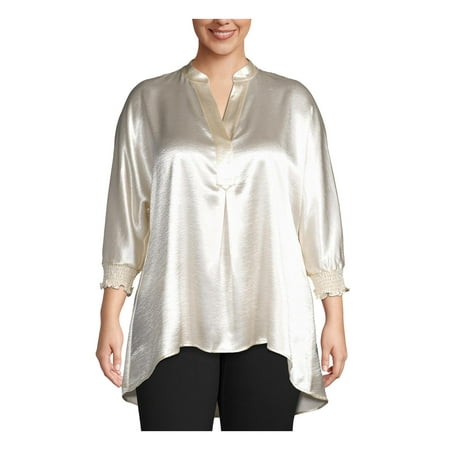 Anne Klein Womens Plus Smocked Hi-Low Tunic Top Ivory 1X