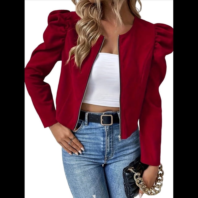 Chaqueta Corta de Larga para Mujer, con Cremallera, Abrigo, Ropa de Abrigo, Atuendo de Otoño, Chaquetones Rojo M