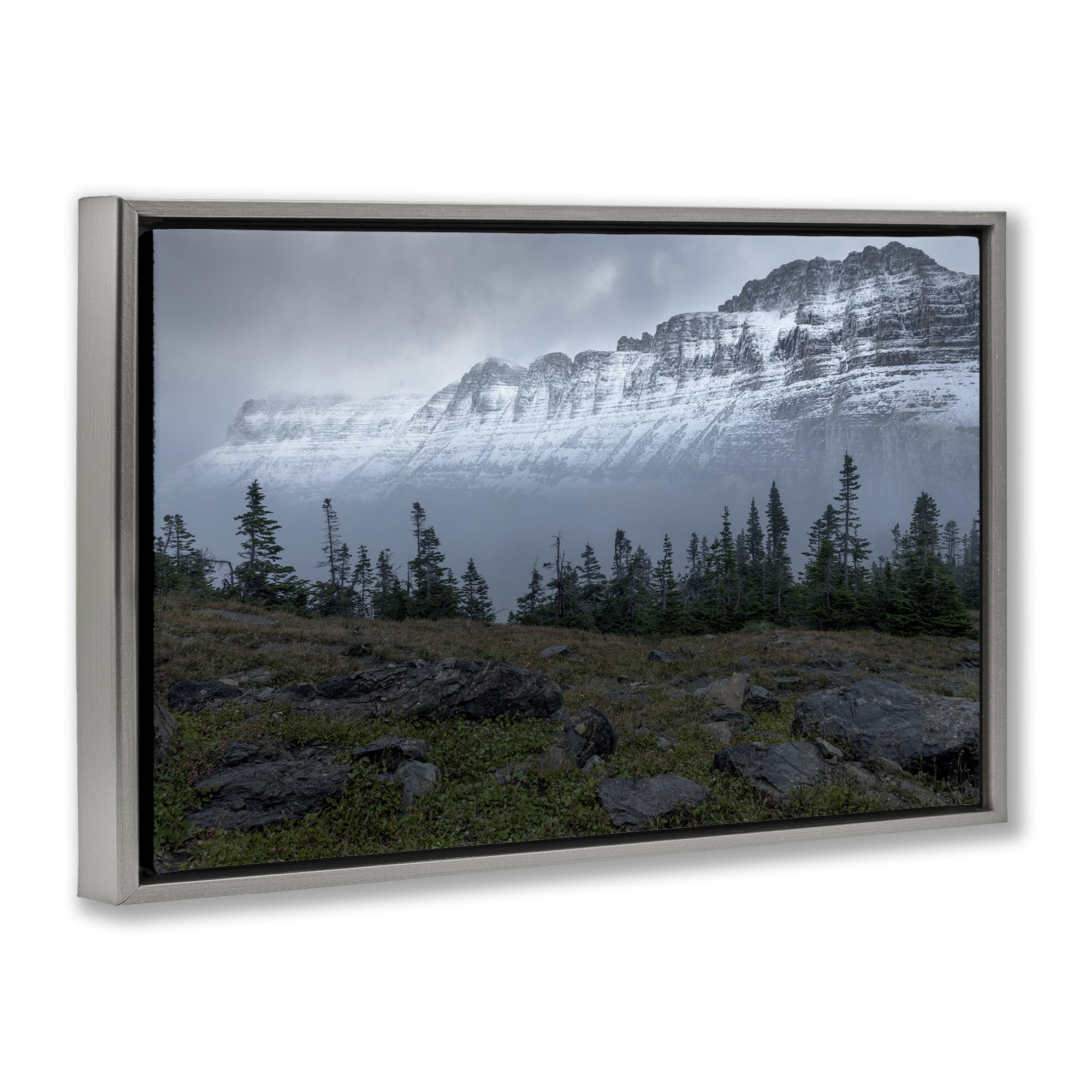 Stupell Industries First Snow Mountains Landscape Photography Gray Floater Framed Art Print Wall Art, 25 x 17