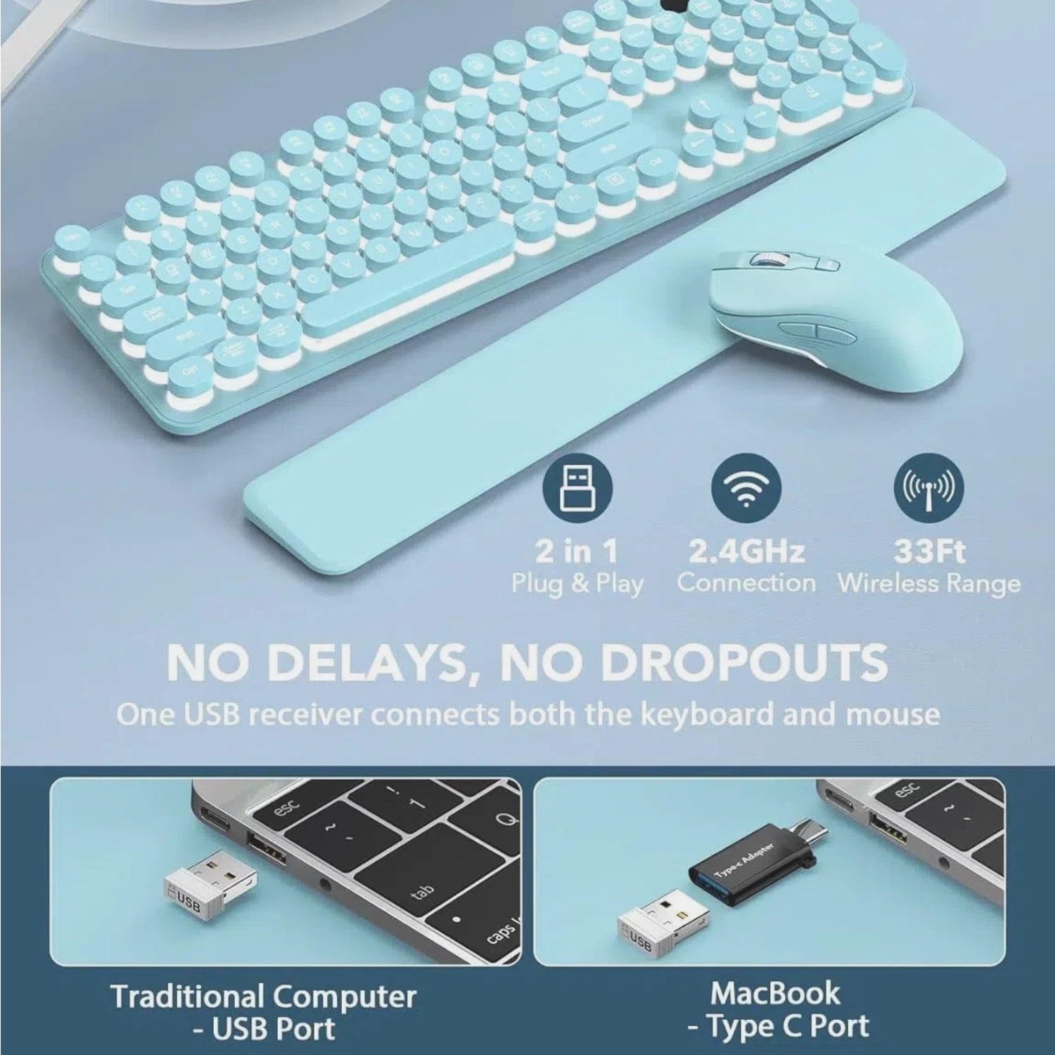 Wagpak Wireless Keyboard and Mouse Backlit - Retro Round Keycaps, Detachable Wrist Rest, Mint Green, New, 1 Count