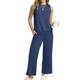 thumbnail image 3 of Fall Outfits Set for Women New Women Solid Two Piece Sets for Women Summer Vacation Travel Outfits Round Neck Lounge Matching Sets Navy S, 3 of 9