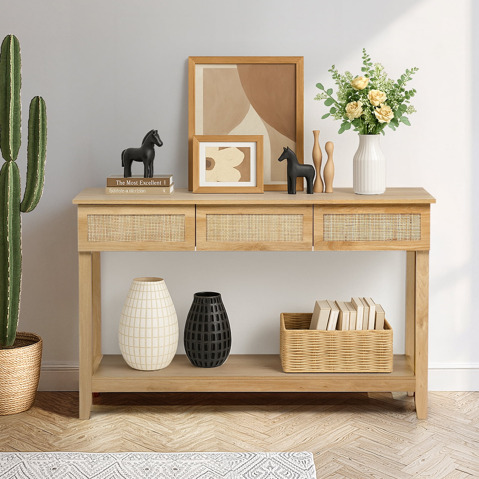 Rattan Console Table, Boho Entryway Sofa Table with 3 Drawers & Storage Shelf, Natural Wood