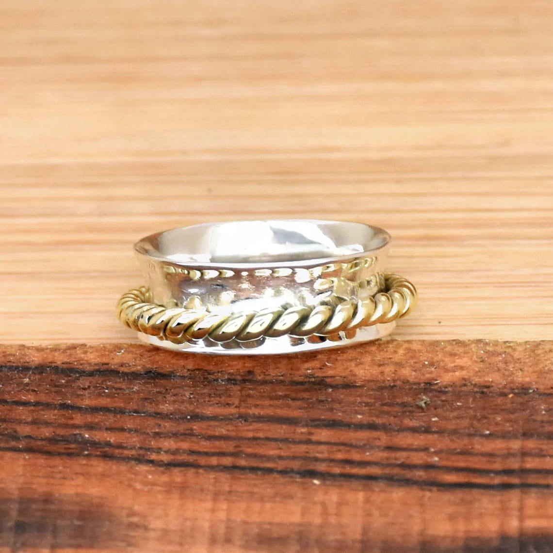 SS DESIGNS Spinner Ring 925 Sterling Silver Narrow Band Twisted Two Tone Rope Design Meditation Anxiety Relief Jewelry Fidget Spinner Band
