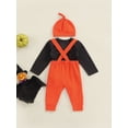thumbnail image 4 of Bagilaanoe 3pcs Newborn Baby Boys Overall Pants Set Letter Print Long Sleeve Romper Tops + Ghost Print Suspender Trousers + Hat 3M 6M 12M 18M Infant Casual Halloween Outfits, 4 of 9