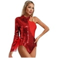 thumbnail image 3 of LiiYii Women Asymmetrical Latin Dance Leotard Sequins Long Sleeve Gymnastics Bodysuit Unitard Jazz Dance Tops Red S, 3 of 6