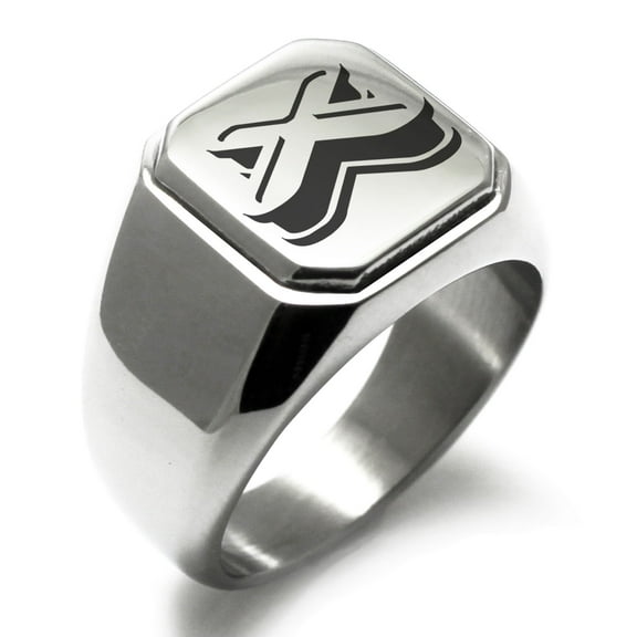 Stainless Steel Letter X Initial 3D Monogram Engraved Engraved Square Flat Top Biker Style Polished Signet Ring
