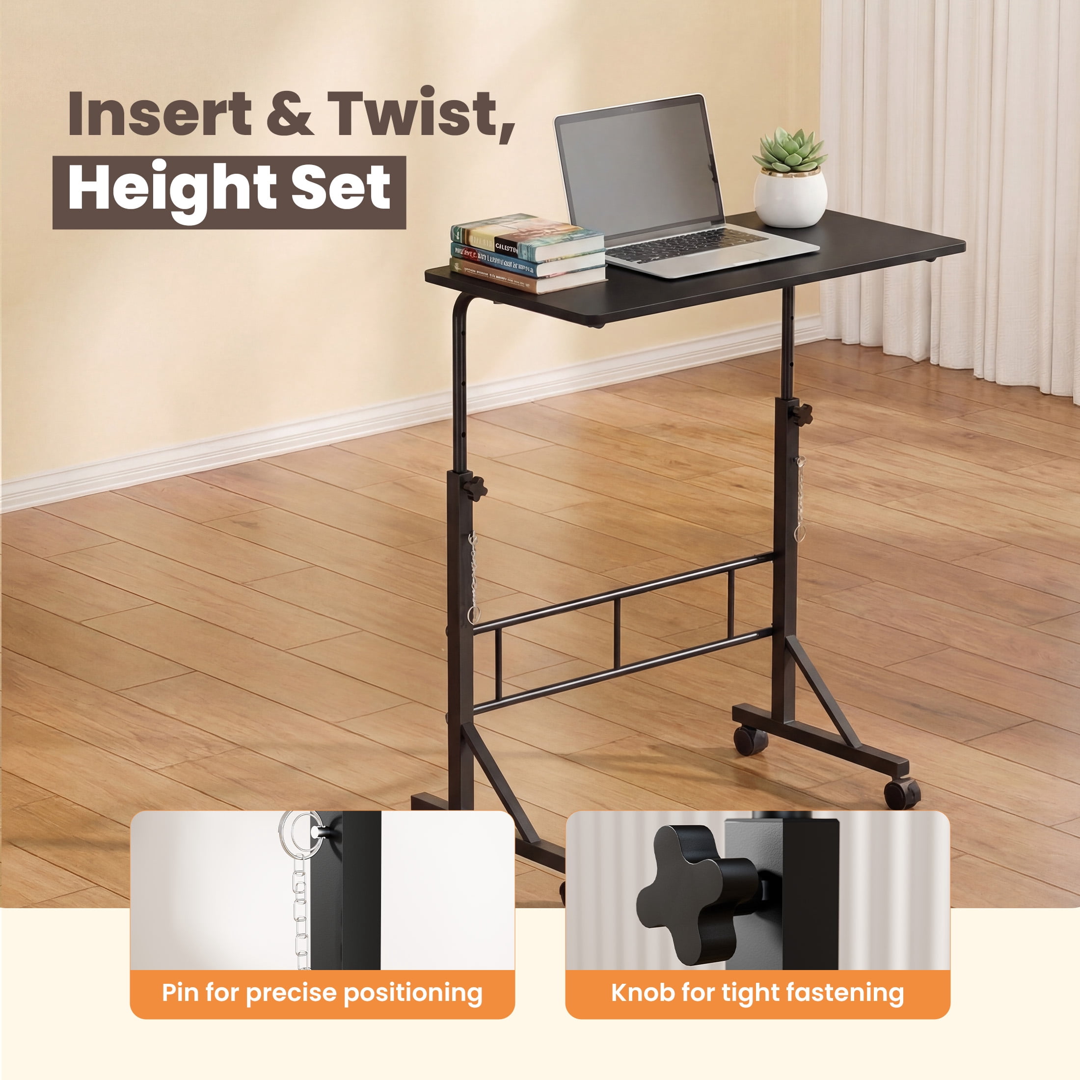 EDX Small Height Adjustable Standing Desk with Wheels, Mobile Rolling Computer Desk for Home Office, Sit Stand Laptop Desk for Walking Pad, Black
