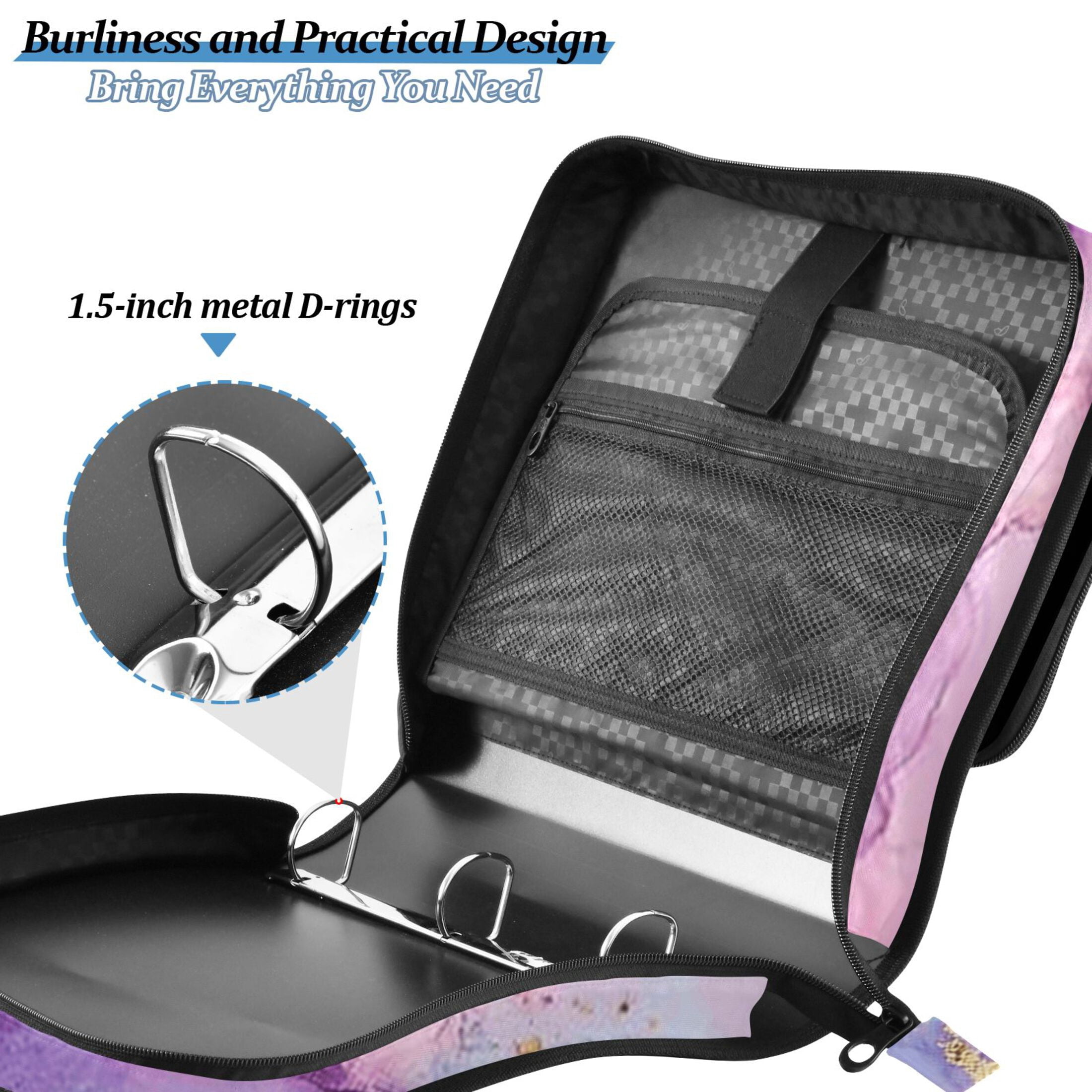 3 Ring Zipper Binder with Shoulder Strap Waterproof Trapper Keeper 2 Inch D-Ring 500 Sheets Capacity Pink Purple Blue Marble