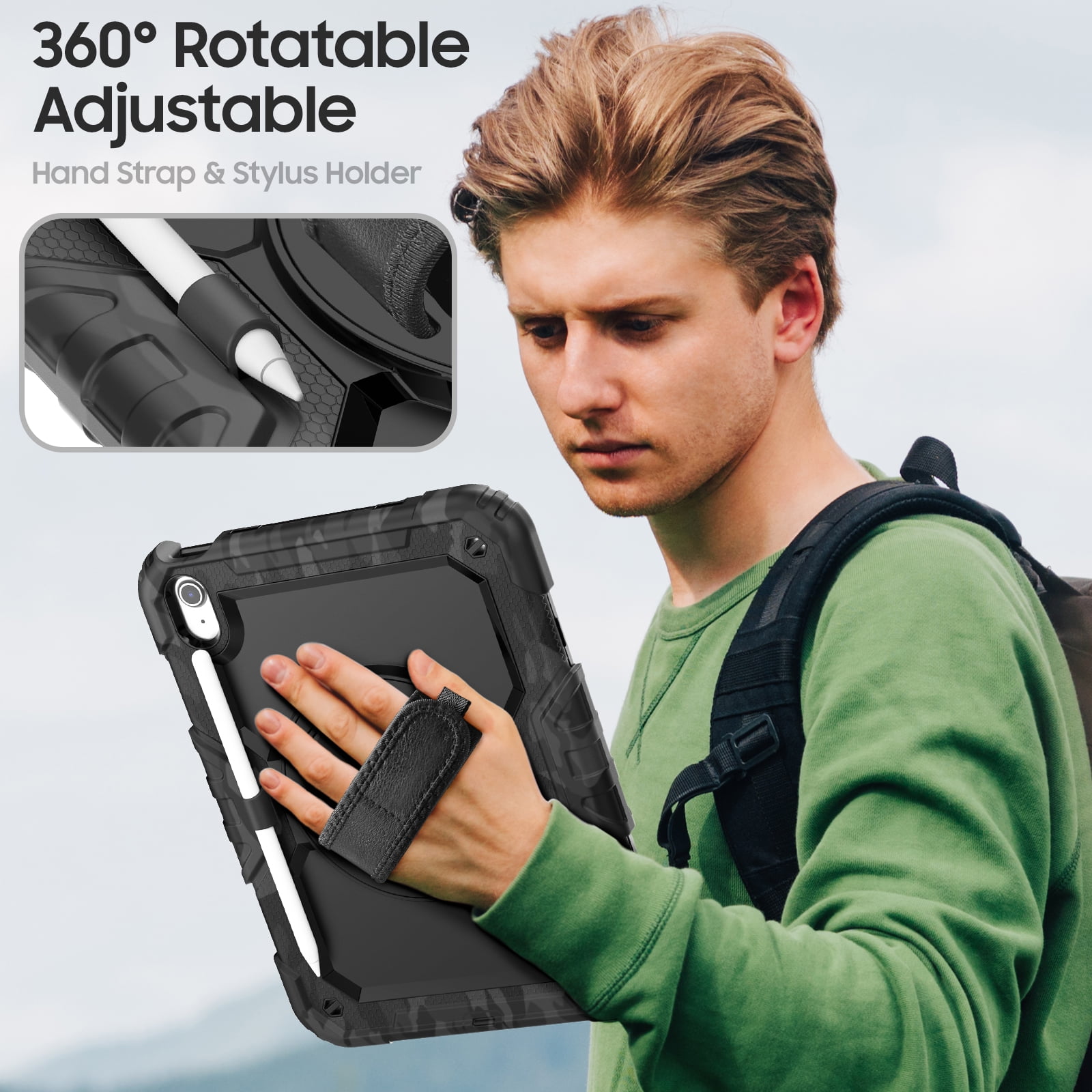 ELEHOLD Rugged Case for iPad 11th(A16) 2025/10th 2022, 360° Rotating Kickstand Hand Shoulder Strap Pencil Holder Built-in Screen Protector Full-Body Shockproof Protective Cover,Black