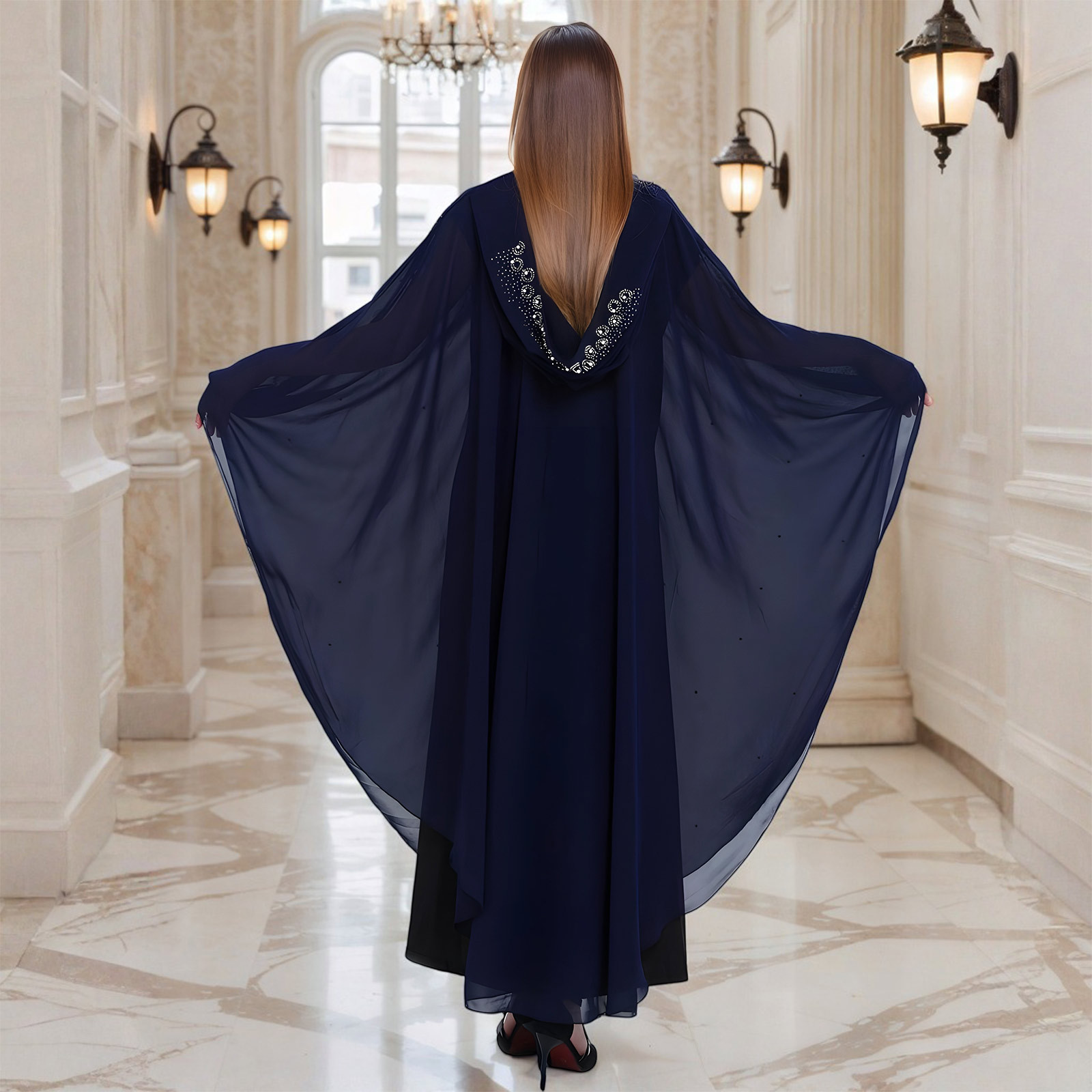 Long Sleeve Shirts for Women, Muslim Dress for Women Loose Batwing Sleeved Hooded Beaded Embroidery Long Abaya Dress Kaftan Abayas Islamic Robe