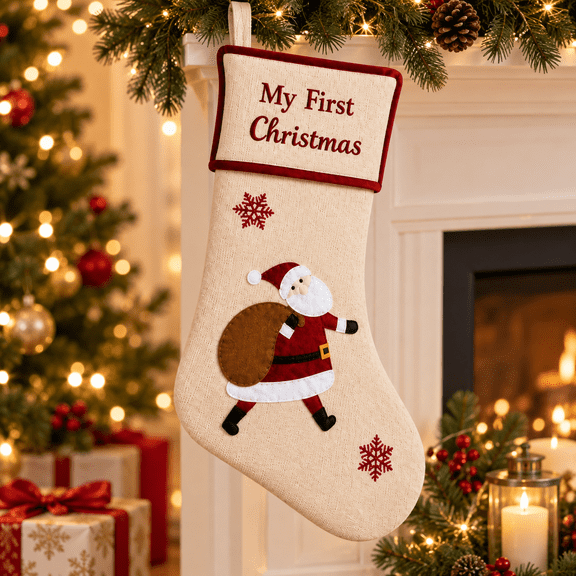 My First Christmas Stocking Embroidered Hanging Sock with Santa Applique and Snowflake Detail for Holiday Keepsake Decor