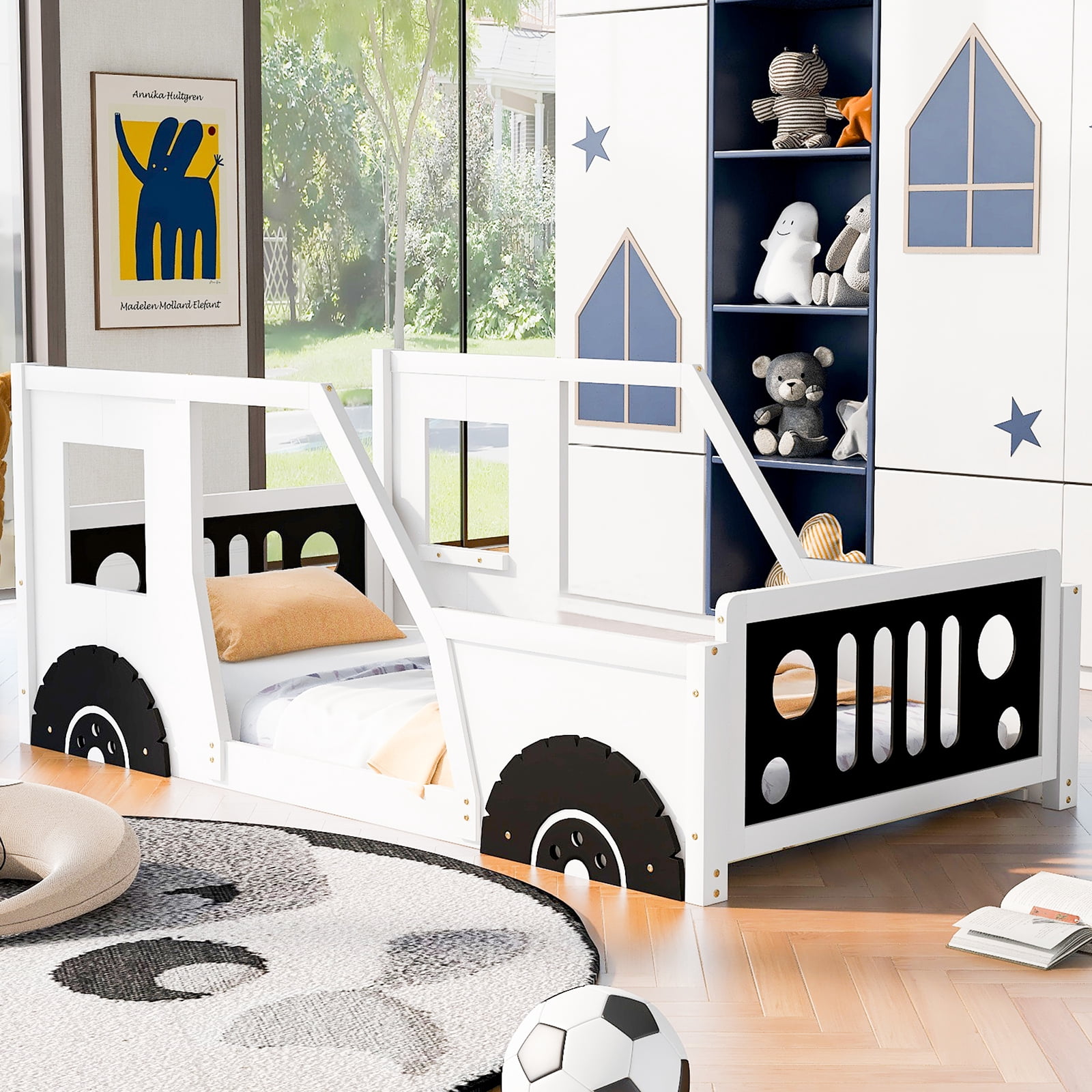 YANSHE Twin Size Bed Frame Car-Shaped, Floor Bed Frame With Wheels And Doors, Wooden Construction, Car Bed Frame, Slats Supports, No Box Spring Needed