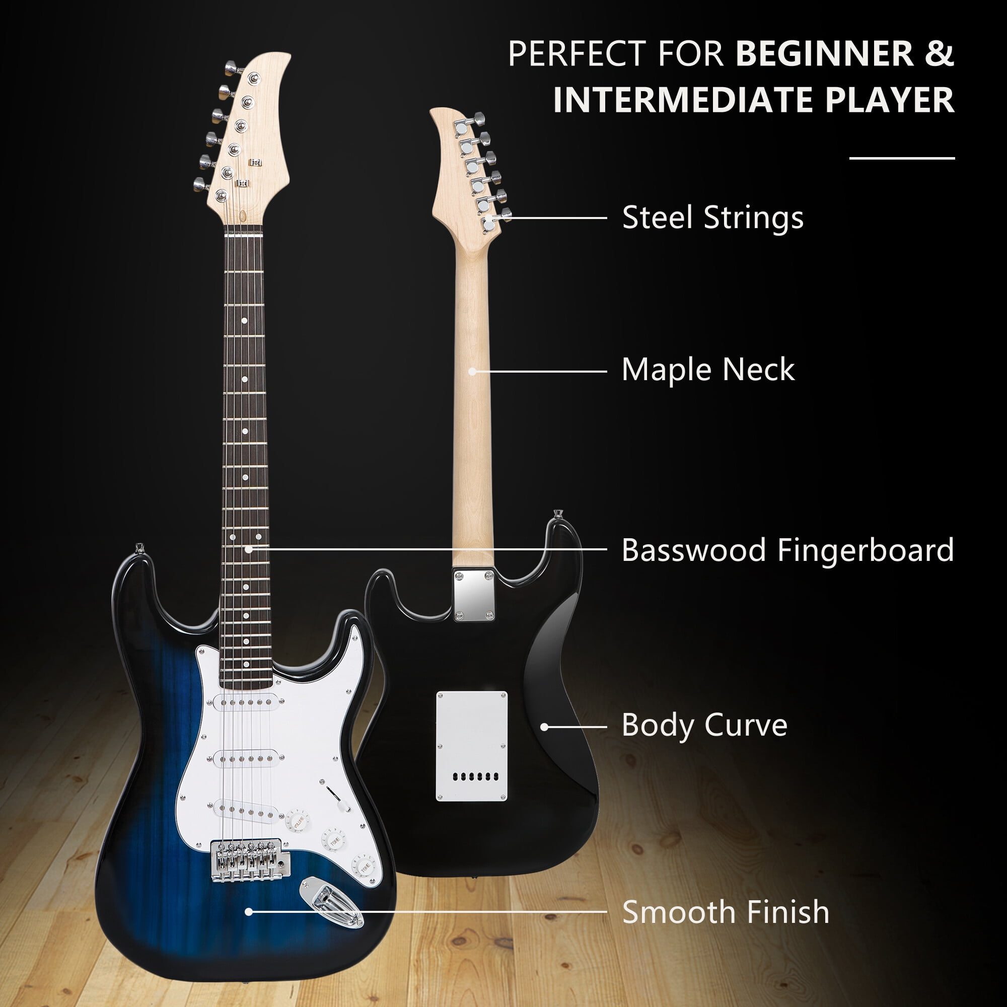 RockJam Full Size Black ST-Style Electric Guitar Kit with 10