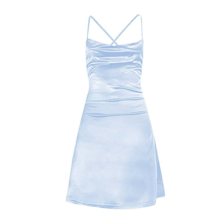 CBGELRT Satin Mini Dress Elegant Solid Color Backless Spaghetti Strap Birthday Dress for Women Formal Party Clubwear Dresses Xl Light Blue