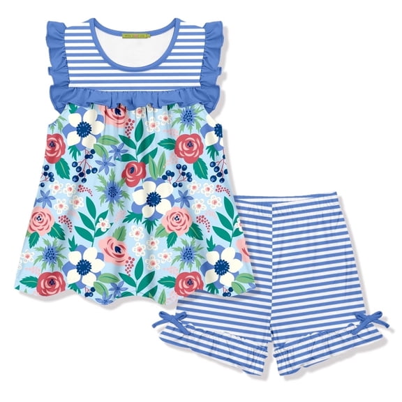 Millie Loves Lily Girls Blue Mandy Floral Top and Short Set, Big Girls, Size 8, 2-PCS