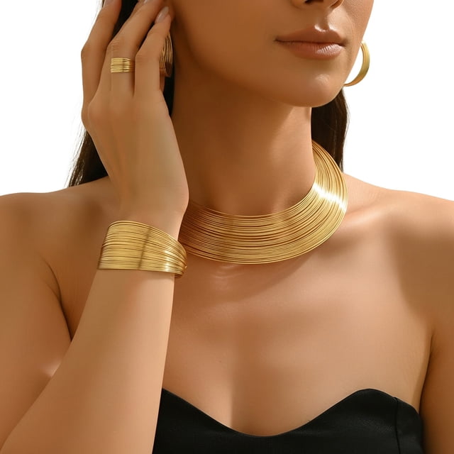 Geometric Line Design Choker Adjustable Layered Metal Jewelry Four Piece Bracelet Necklace Combo For