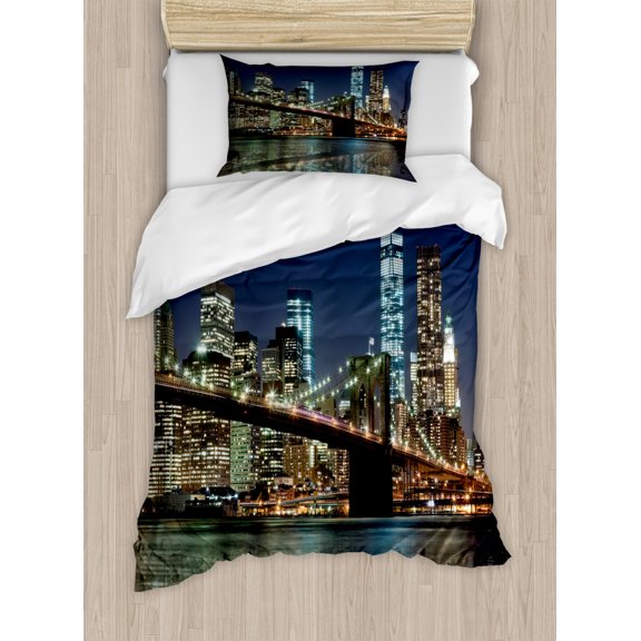 New York Duvet Cover Set Twin Size, United States Urban Life Themed Skyscrapers with Brooklyn Bridge Illustration, Decorative 2 Piece Bedding Set with 1 Pillow Sham, Multicolor, by Ambesonne