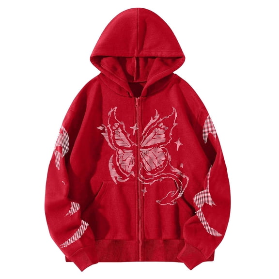 Bibifish Womens Checkered Butterfly Long Sleeve Full Zip Hoodies Soft Oversized Fit Casual Hooded Jackets Street Style Edgy Trendy Outfits