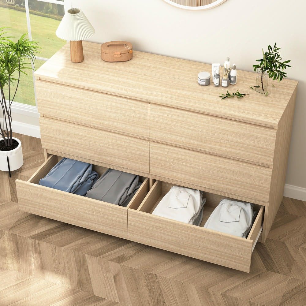 Resenkos 6-Drawer Dresser, Light Woodgrain Chest, Spacious Storage, 150lb Top Capacity, Smooth Metal Slides, Brown