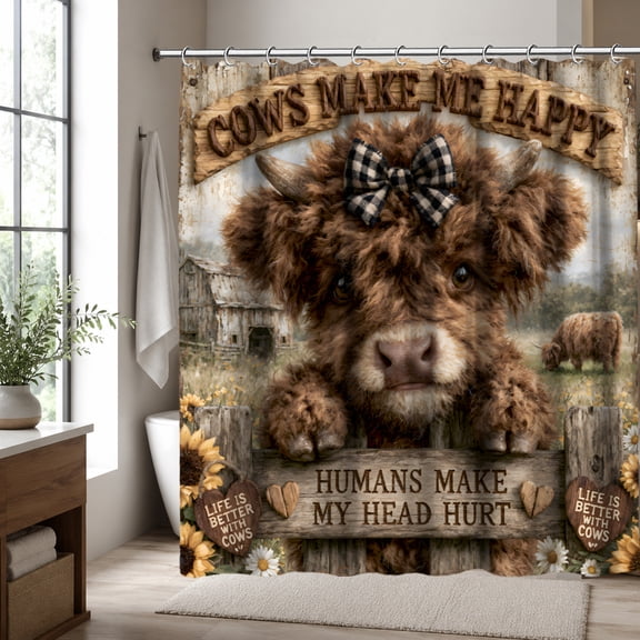 Highland Cow Shower Curtain 70.87 x 70.87 Inch, Funny Cow Polyester Fabric Bathroom Curtain, Rustic Farmhouse Bathroom Decor