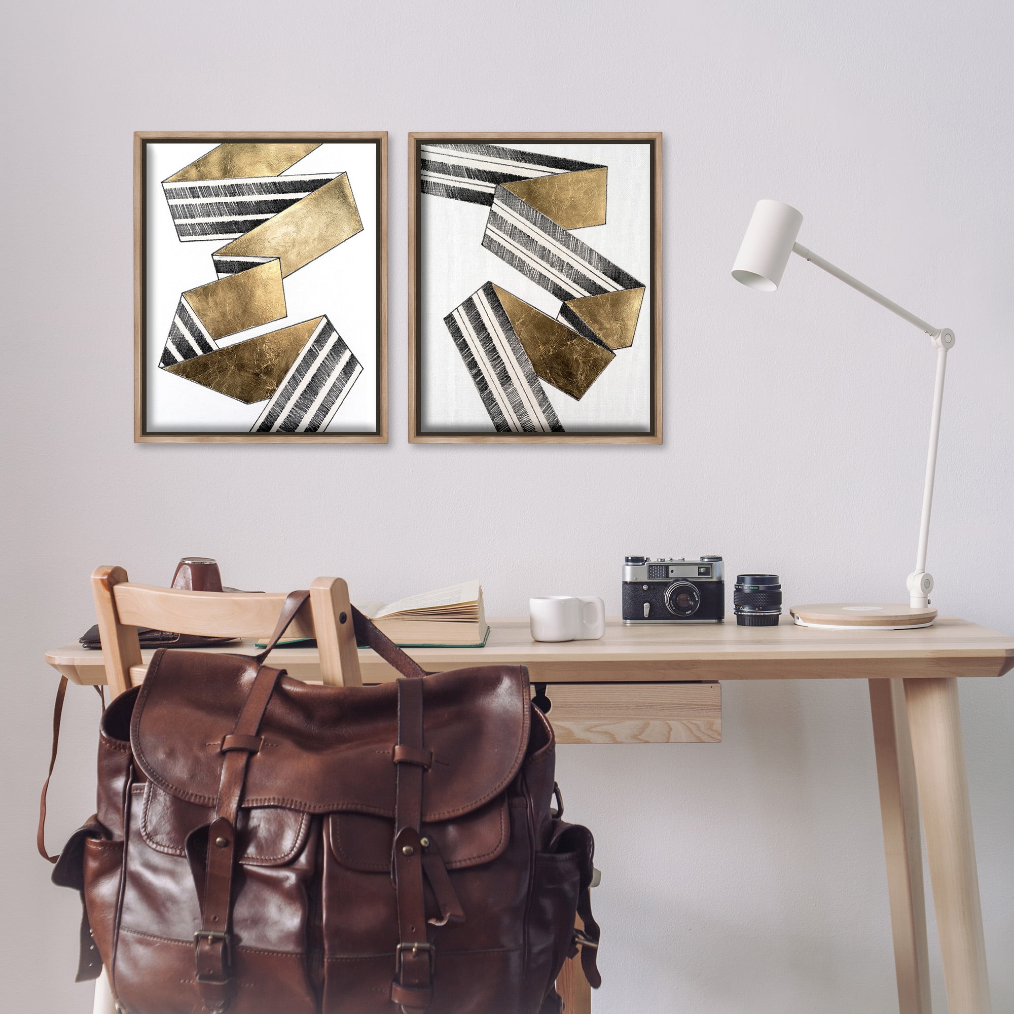 Stupell Industries Cascading Patterned Ribbon Abstract Painting Brown Floater Framed Canvas Art Print Wall Art, 17 x 21, Set of 2