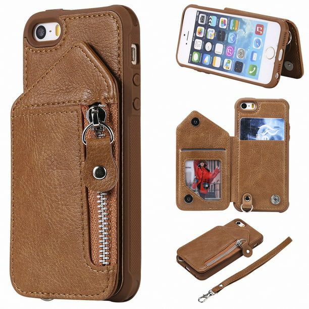 Per fantoom Bedankt iPhone SE (1st Gen 2016) Case (not fit iPhone SE 2020), iPhone 5 5S Case,  Dteck PU Leather Zipper Wallet Back Kickstand Case Protective Cover With  Card Slots, Coffee - Walmart.com