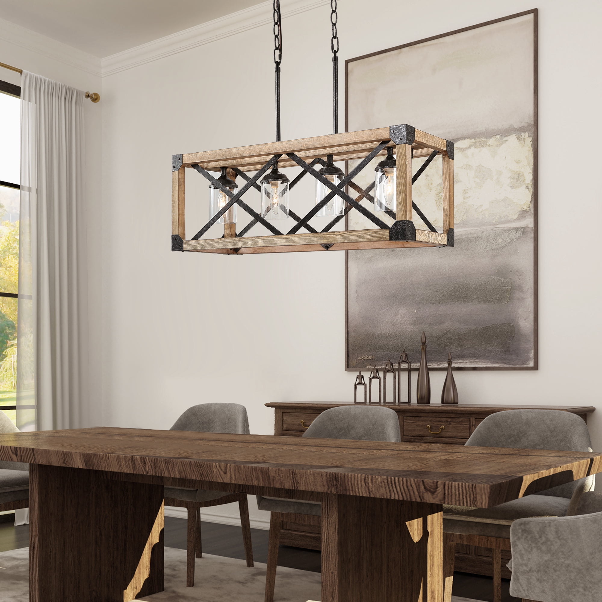 LNC 4-Light Classic Distressed Wood Rust Black Electric Square Farmhouse Chandelier