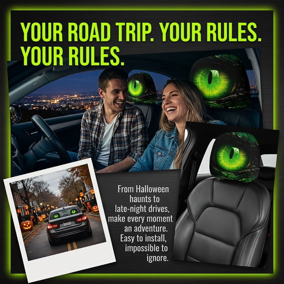 sruoe 2 Pack Terrifying Eyeball Car Headrest Covers, Stretch Polyester Headrest Protectors, Spooky Halloween Car Interior Decor, Creepy Eye Pattern Auto Seat Accessory For Road Trip & Night Driving