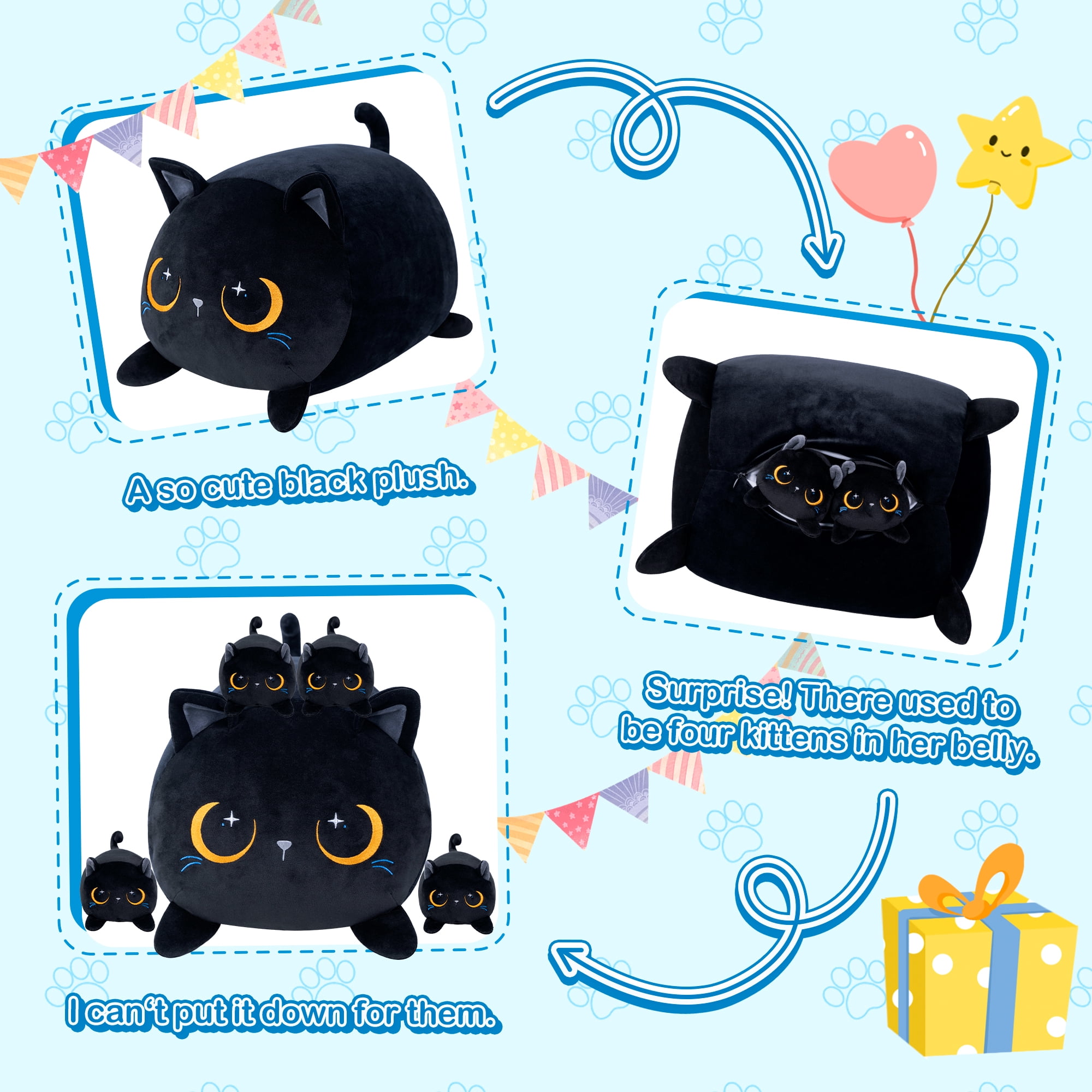 5Pcs Black Cat Stuffed Animal, Cats Mommy Plush Toy Set with 4 Baby, Soft Pillow, Christmas, Thanksgiving, Birthday Gift for Girls Boys Kids Decor