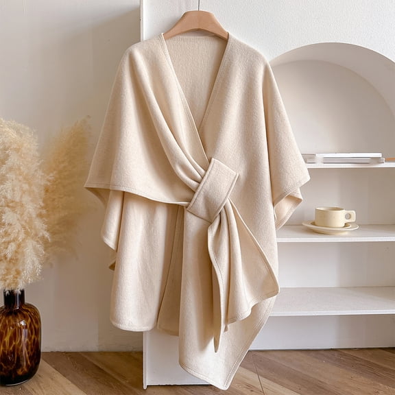 Stralyhd Fleece Drape Shawl Wrap for Women Autumn Winter Solid Color Elegant Knitted Shawl Soft Open Front Poncho Sweater Solid-Color Cardigan Shawl with Loop Beige One Size