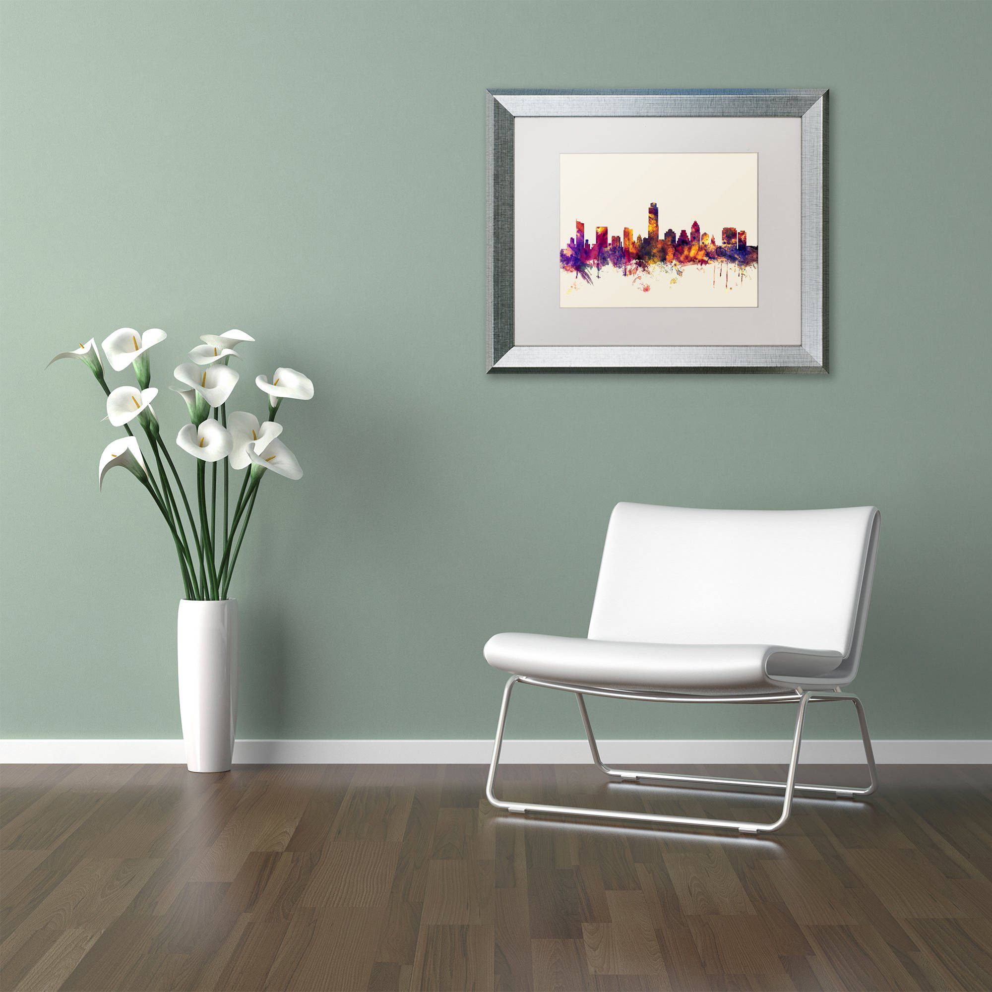 Trademark Fine Art "Austin Texas Skyline" Canvas Art by Michael Tompsett, White Matte, Silver Frame