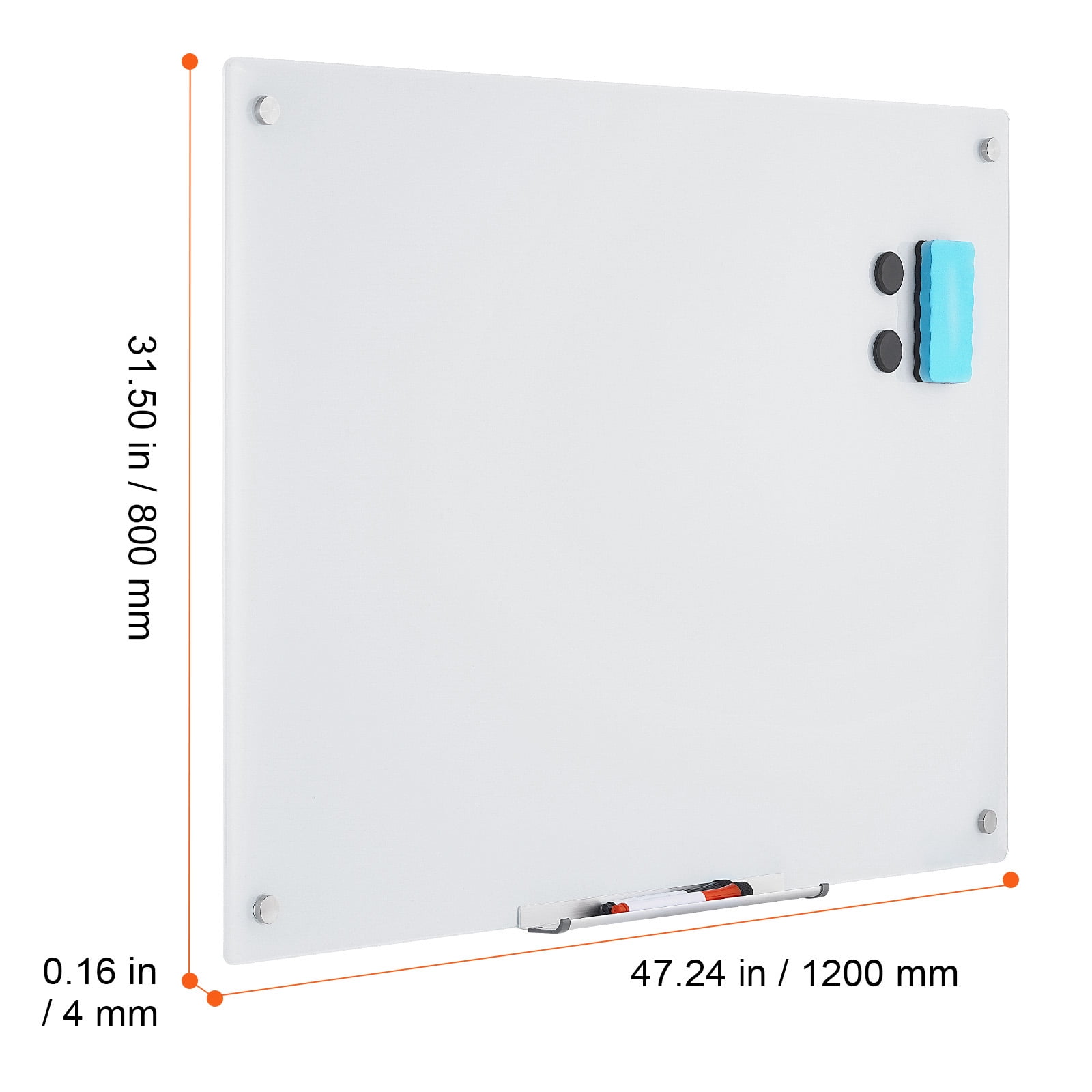 KFFKFF Glass Whiteboard with Magnetic Properties, 48"x32" Dry Erase Board, Frameless Large White Glassboard for Wall Mounting, Comes with a Tray for Markers, a Whiteboard Eraser and a Pair of Markers