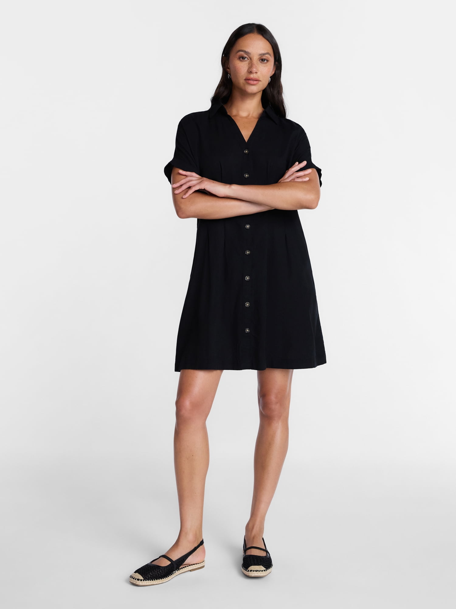 Time and Tru Women's Linen Pleated Waist Fit And Flare Mini Shirt Dress, Sizes XS-XXXL